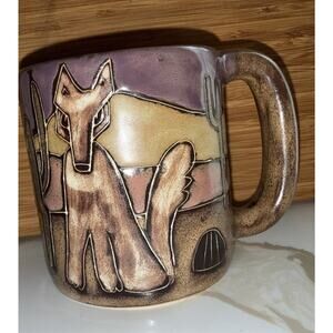 Mara Signed Mexico Art Pottery Coffee Mug Cup Stoneware Coyote Design 16 oz.
